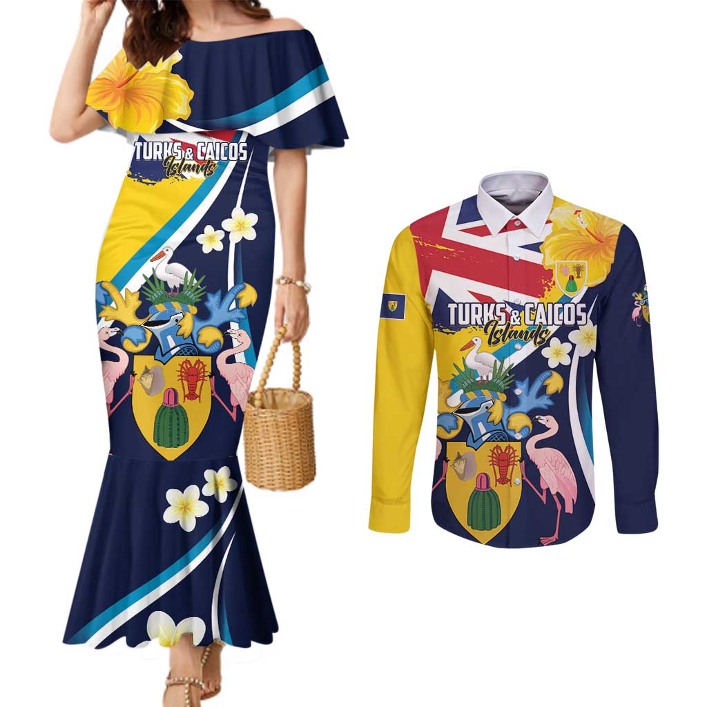 Personalised Turks and Caicos Islands Couples Matching Mermaid Dress and Long Sleeve Button Shirt Coat Of Arms Tropical Flowers