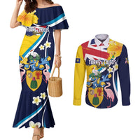 Personalised Turks and Caicos Islands Couples Matching Mermaid Dress and Long Sleeve Button Shirt Coat Of Arms Tropical Flowers