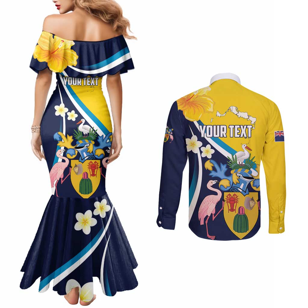 Personalised Turks and Caicos Islands Couples Matching Mermaid Dress and Long Sleeve Button Shirt Coat Of Arms Tropical Flowers