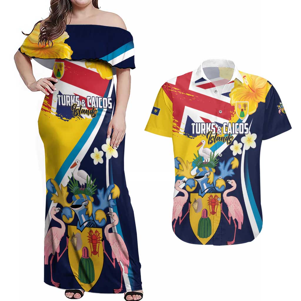Personalised Turks and Caicos Islands Couples Matching Off Shoulder Maxi Dress and Hawaiian Shirt Coat Of Arms Tropical Flowers