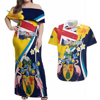Personalised Turks and Caicos Islands Couples Matching Off Shoulder Maxi Dress and Hawaiian Shirt Coat Of Arms Tropical Flowers