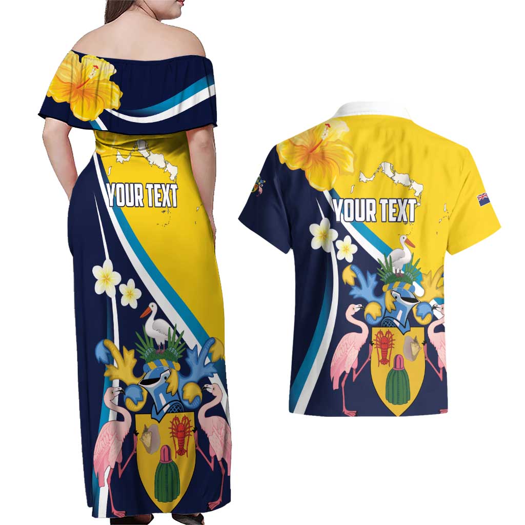 Personalised Turks and Caicos Islands Couples Matching Off Shoulder Maxi Dress and Hawaiian Shirt Coat Of Arms Tropical Flowers