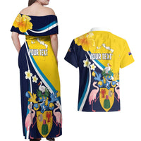 Personalised Turks and Caicos Islands Couples Matching Off Shoulder Maxi Dress and Hawaiian Shirt Coat Of Arms Tropical Flowers