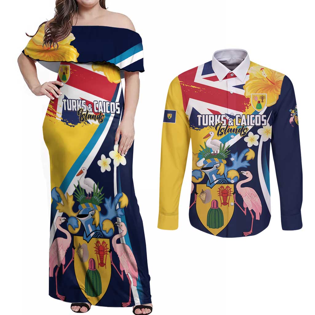Personalised Turks and Caicos Islands Couples Matching Off Shoulder Maxi Dress and Long Sleeve Button Shirt Coat Of Arms Tropical Flowers