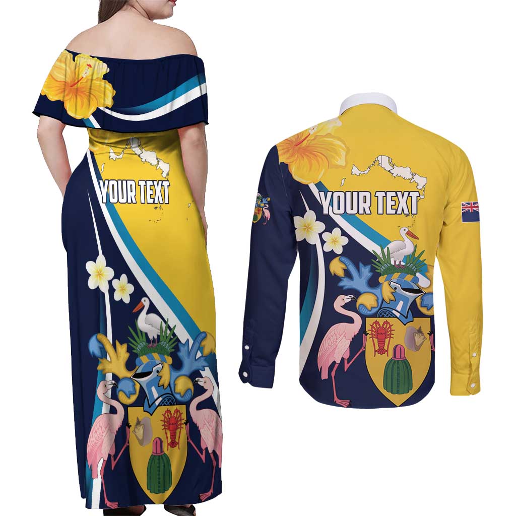 Personalised Turks and Caicos Islands Couples Matching Off Shoulder Maxi Dress and Long Sleeve Button Shirt Coat Of Arms Tropical Flowers