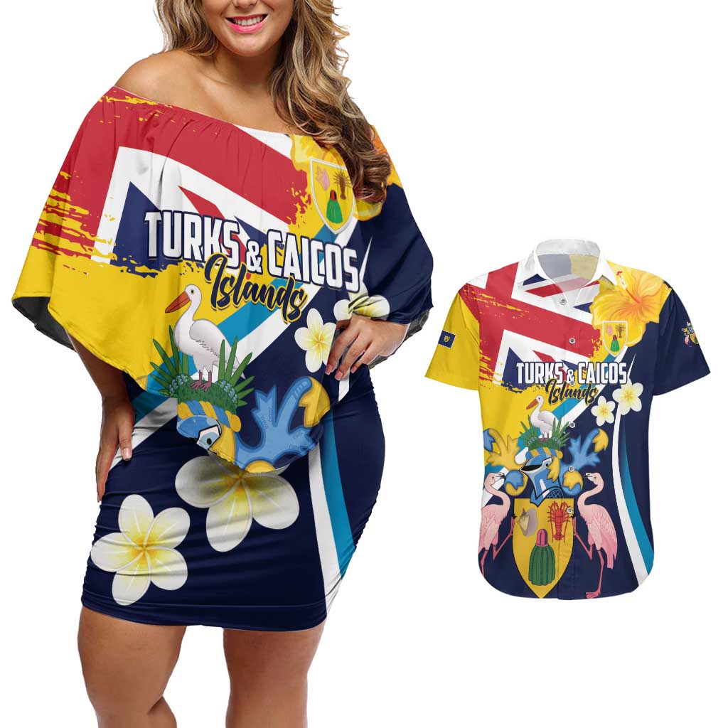 Personalised Turks and Caicos Islands Couples Matching Off Shoulder Short Dress and Hawaiian Shirt Coat Of Arms Tropical Flowers
