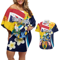 Personalised Turks and Caicos Islands Couples Matching Off Shoulder Short Dress and Hawaiian Shirt Coat Of Arms Tropical Flowers