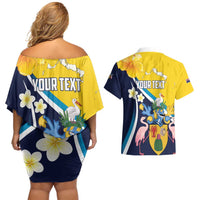 Personalised Turks and Caicos Islands Couples Matching Off Shoulder Short Dress and Hawaiian Shirt Coat Of Arms Tropical Flowers