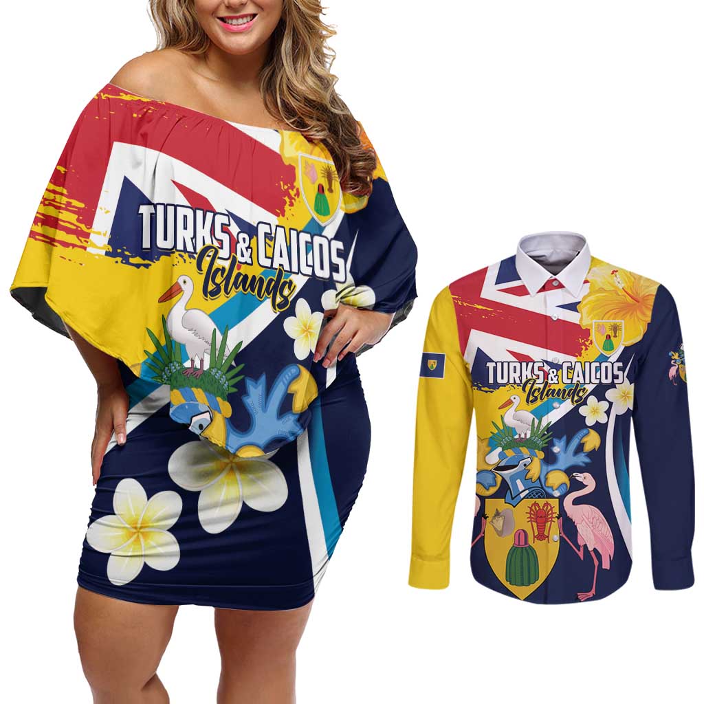 Personalised Turks and Caicos Islands Couples Matching Off Shoulder Short Dress and Long Sleeve Button Shirt Coat Of Arms Tropical Flowers