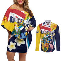 Personalised Turks and Caicos Islands Couples Matching Off Shoulder Short Dress and Long Sleeve Button Shirt Coat Of Arms Tropical Flowers