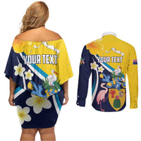 Personalised Turks and Caicos Islands Couples Matching Off Shoulder Short Dress and Long Sleeve Button Shirt Coat Of Arms Tropical Flowers