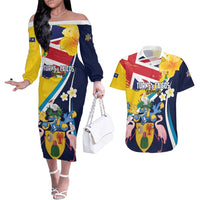 Personalised Turks and Caicos Islands Couples Matching Off The Shoulder Long Sleeve Dress and Hawaiian Shirt Coat Of Arms Tropical Flowers