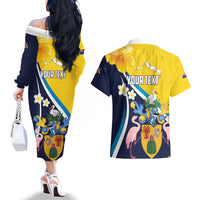Personalised Turks and Caicos Islands Couples Matching Off The Shoulder Long Sleeve Dress and Hawaiian Shirt Coat Of Arms Tropical Flowers