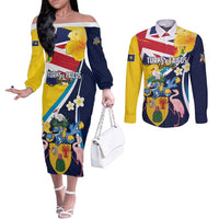 Personalised Turks and Caicos Islands Couples Matching Off The Shoulder Long Sleeve Dress and Long Sleeve Button Shirt Coat Of Arms Tropical Flowers