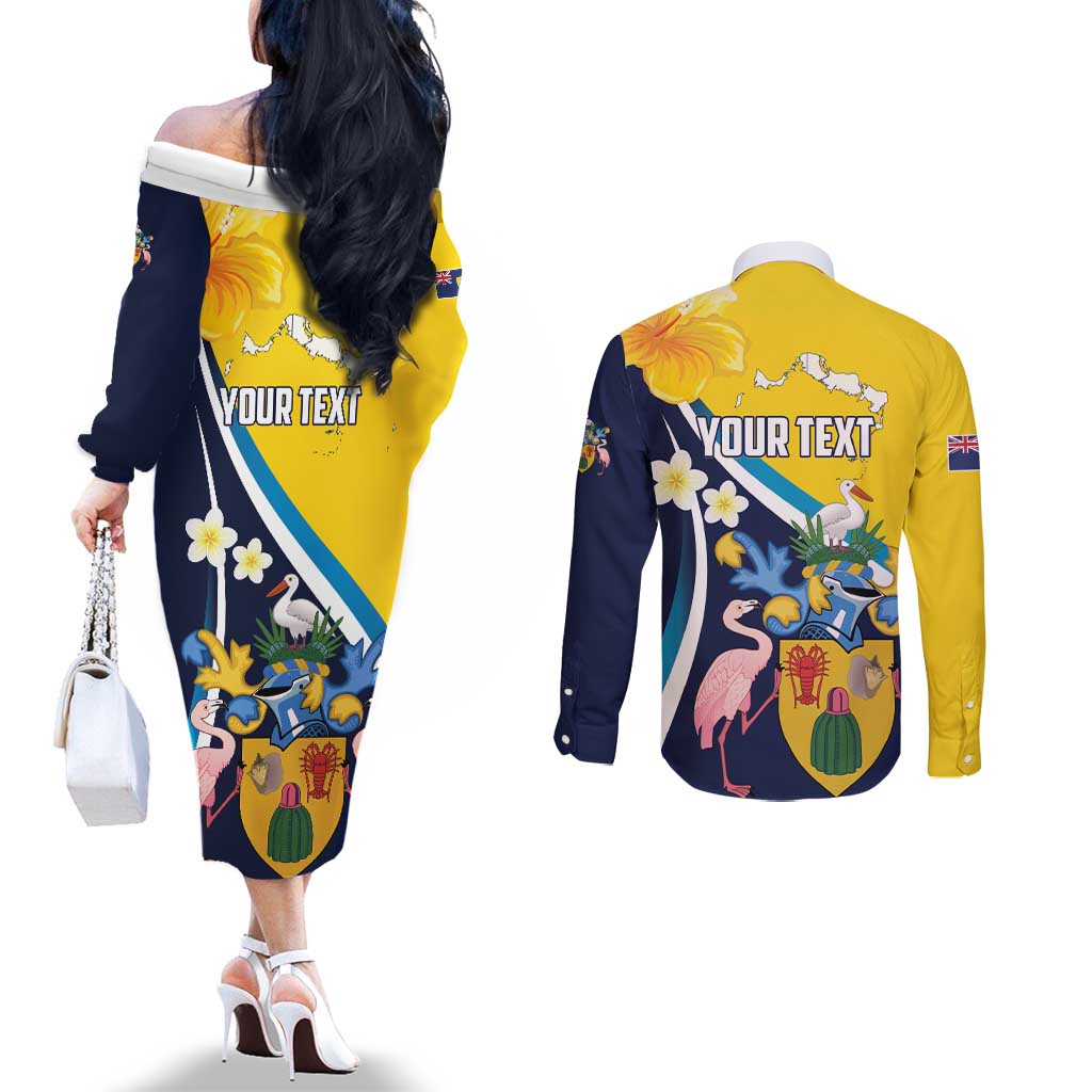 Personalised Turks and Caicos Islands Couples Matching Off The Shoulder Long Sleeve Dress and Long Sleeve Button Shirt Coat Of Arms Tropical Flowers