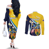 Personalised Turks and Caicos Islands Couples Matching Off The Shoulder Long Sleeve Dress and Long Sleeve Button Shirt Coat Of Arms Tropical Flowers