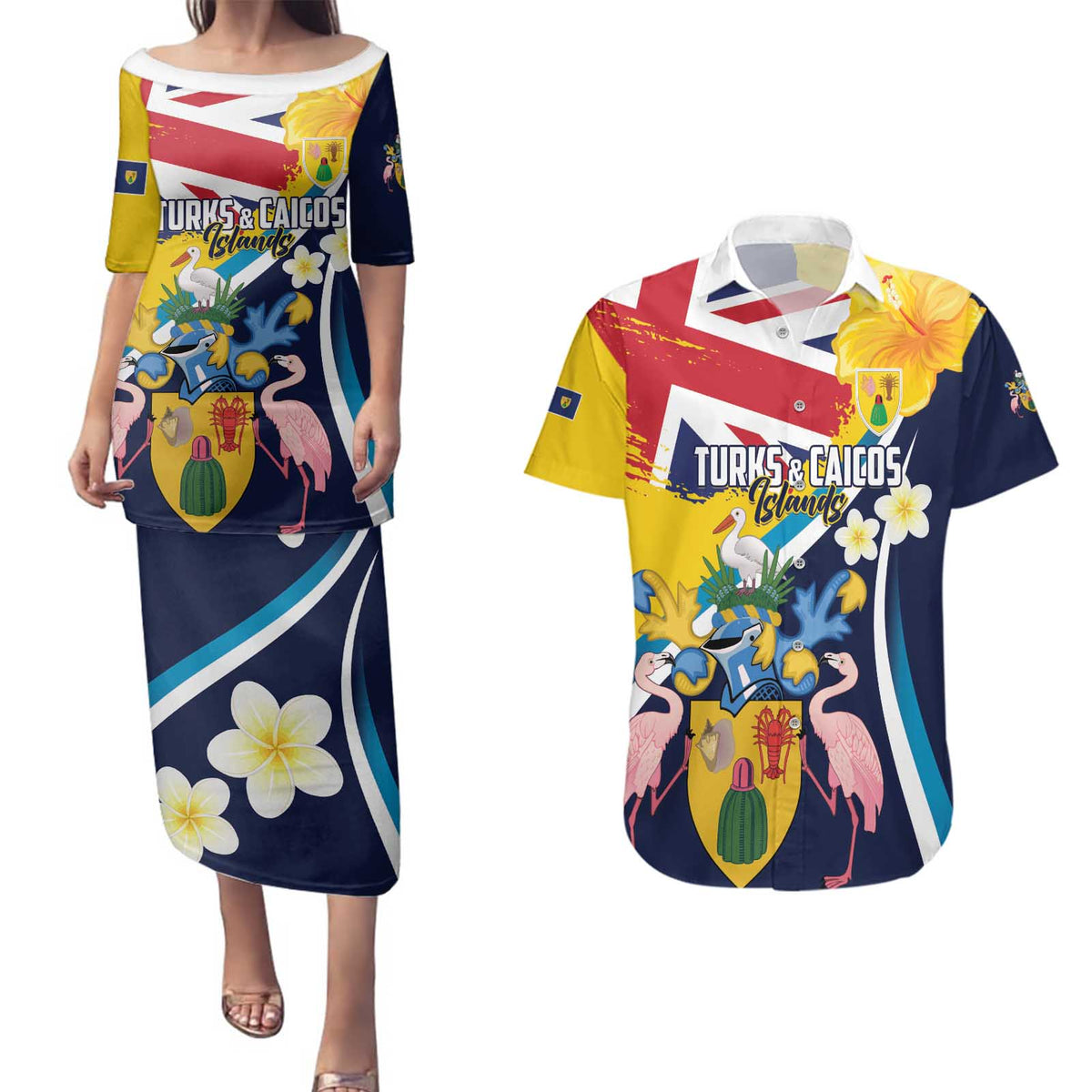 Personalised Turks and Caicos Islands Couples Matching Puletasi and Hawaiian Shirt Coat Of Arms Tropical Flowers