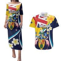Personalised Turks and Caicos Islands Couples Matching Puletasi and Hawaiian Shirt Coat Of Arms Tropical Flowers