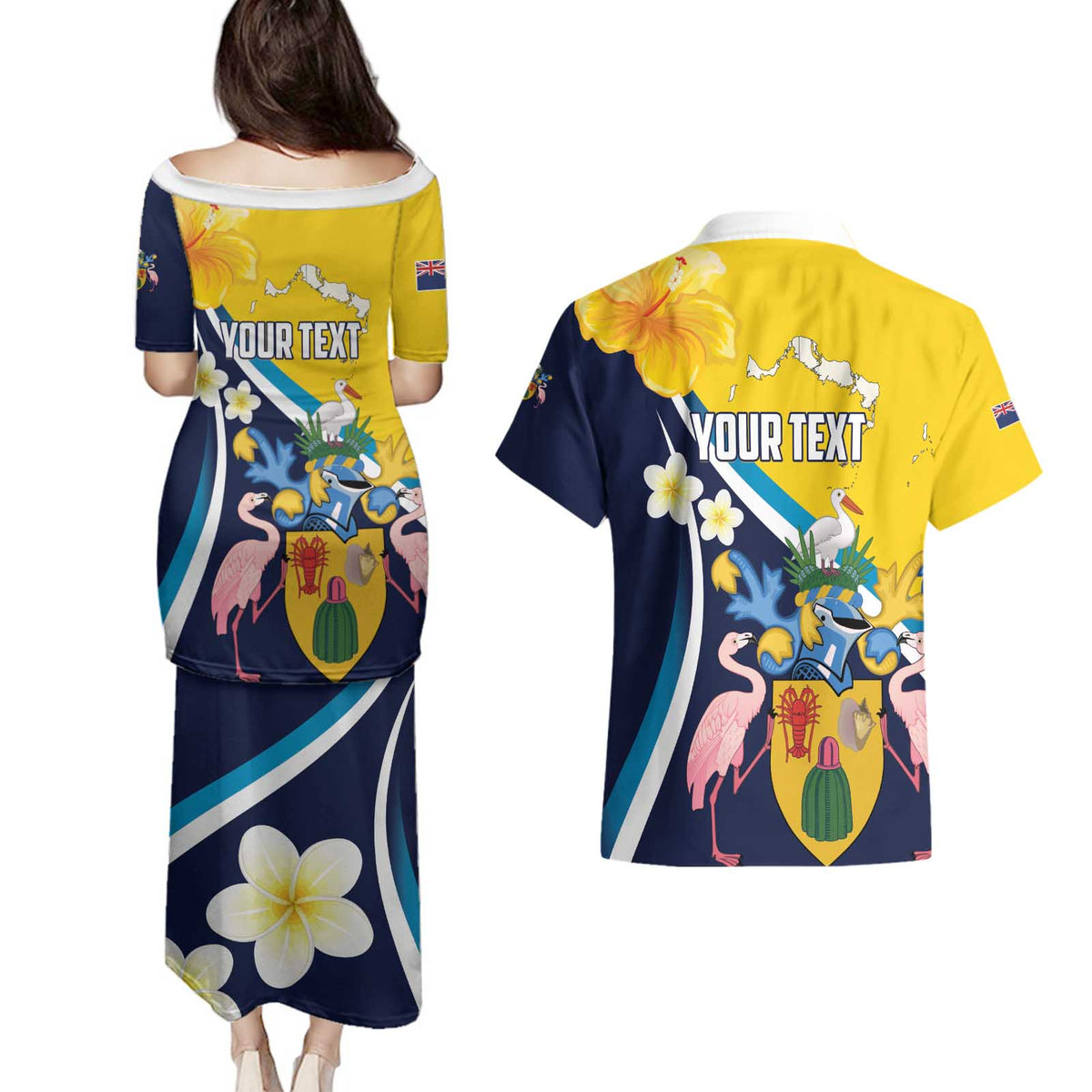 Personalised Turks and Caicos Islands Couples Matching Puletasi and Hawaiian Shirt Coat Of Arms Tropical Flowers