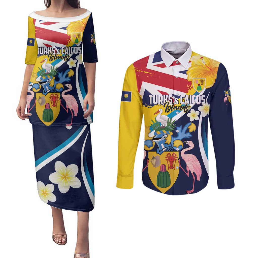 Personalised Turks and Caicos Islands Couples Matching Puletasi and Long Sleeve Button Shirt Coat Of Arms Tropical Flowers