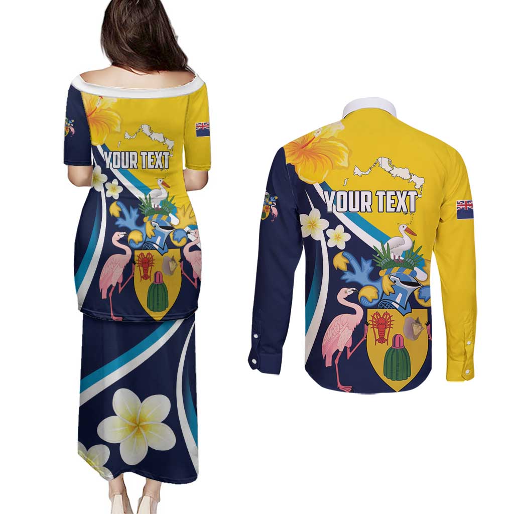 Personalised Turks and Caicos Islands Couples Matching Puletasi and Long Sleeve Button Shirt Coat Of Arms Tropical Flowers