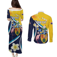 Personalised Turks and Caicos Islands Couples Matching Puletasi and Long Sleeve Button Shirt Coat Of Arms Tropical Flowers