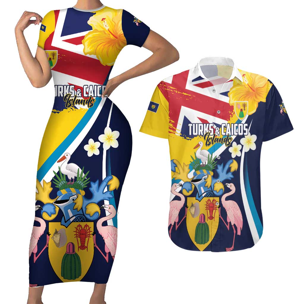Personalised Turks and Caicos Islands Couples Matching Short Sleeve Bodycon Dress and Hawaiian Shirt Coat Of Arms Tropical Flowers