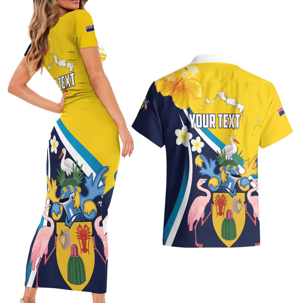 Personalised Turks and Caicos Islands Couples Matching Short Sleeve Bodycon Dress and Hawaiian Shirt Coat Of Arms Tropical Flowers