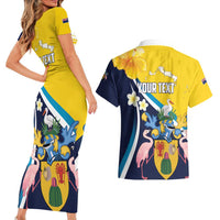 Personalised Turks and Caicos Islands Couples Matching Short Sleeve Bodycon Dress and Hawaiian Shirt Coat Of Arms Tropical Flowers
