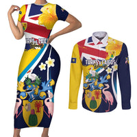 Personalised Turks and Caicos Islands Couples Matching Short Sleeve Bodycon Dress and Long Sleeve Button Shirt Coat Of Arms Tropical Flowers