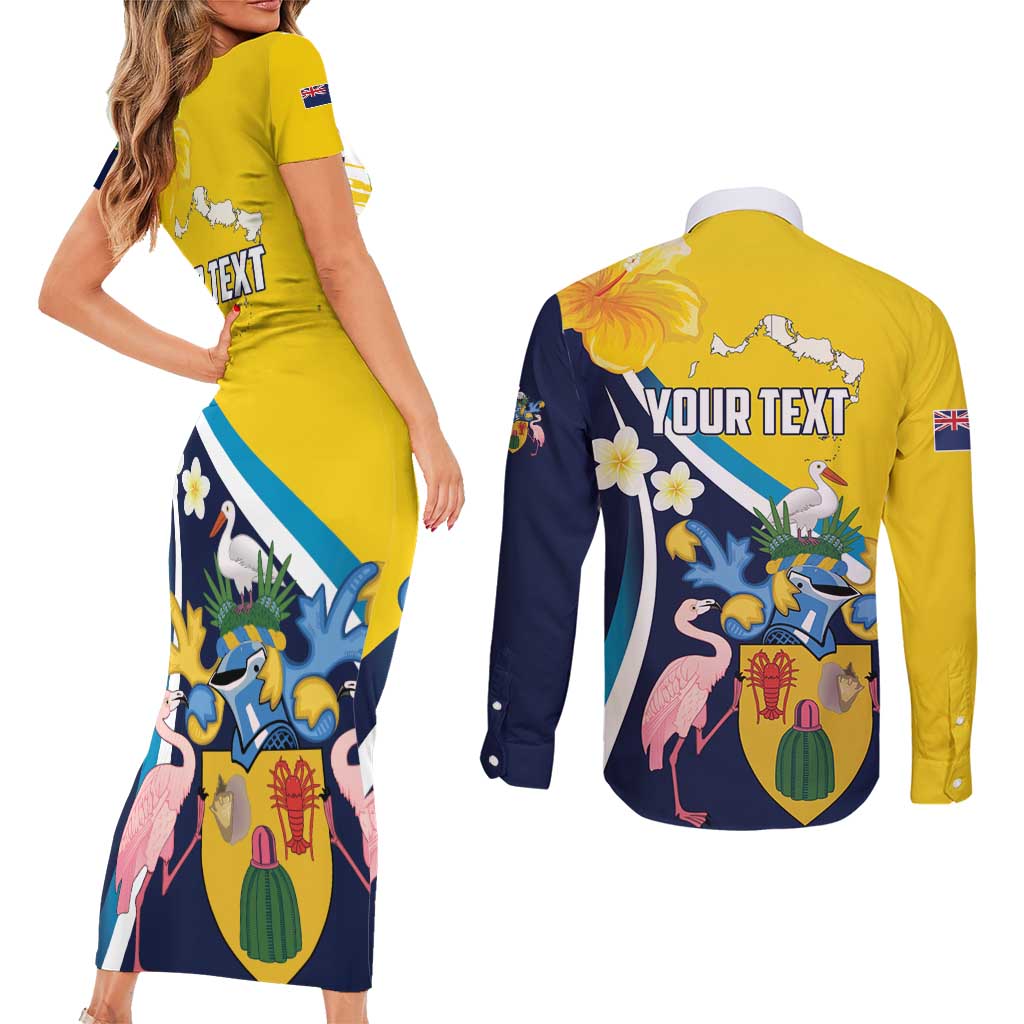 Personalised Turks and Caicos Islands Couples Matching Short Sleeve Bodycon Dress and Long Sleeve Button Shirt Coat Of Arms Tropical Flowers