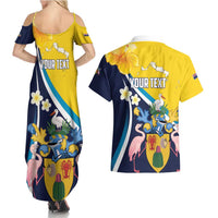 Personalised Turks and Caicos Islands Couples Matching Summer Maxi Dress and Hawaiian Shirt Coat Of Arms Tropical Flowers