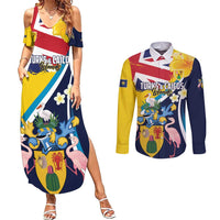 Personalised Turks and Caicos Islands Couples Matching Summer Maxi Dress and Long Sleeve Button Shirt Coat Of Arms Tropical Flowers