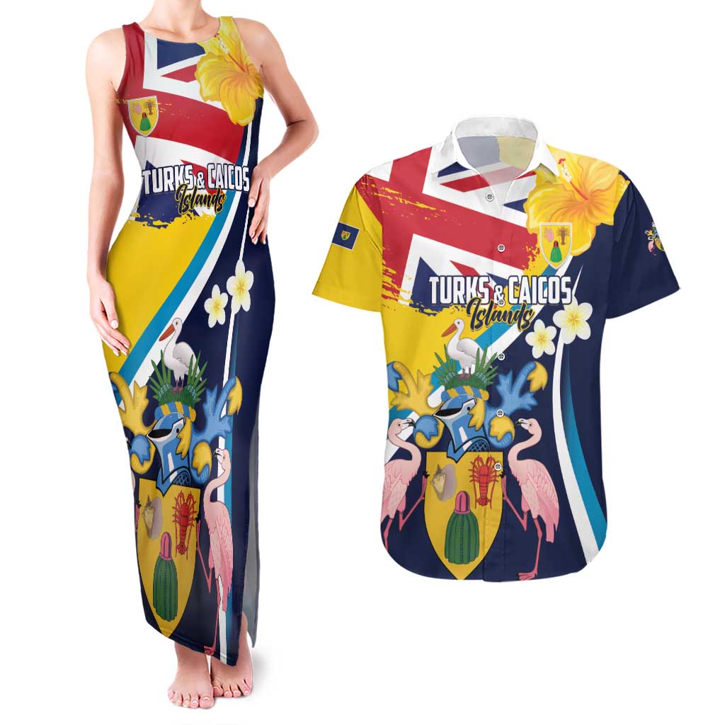 Personalised Turks and Caicos Islands Couples Matching Tank Maxi Dress and Hawaiian Shirt Coat Of Arms Tropical Flowers