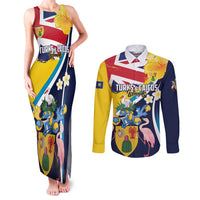 Personalised Turks and Caicos Islands Couples Matching Tank Maxi Dress and Long Sleeve Button Shirt Coat Of Arms Tropical Flowers