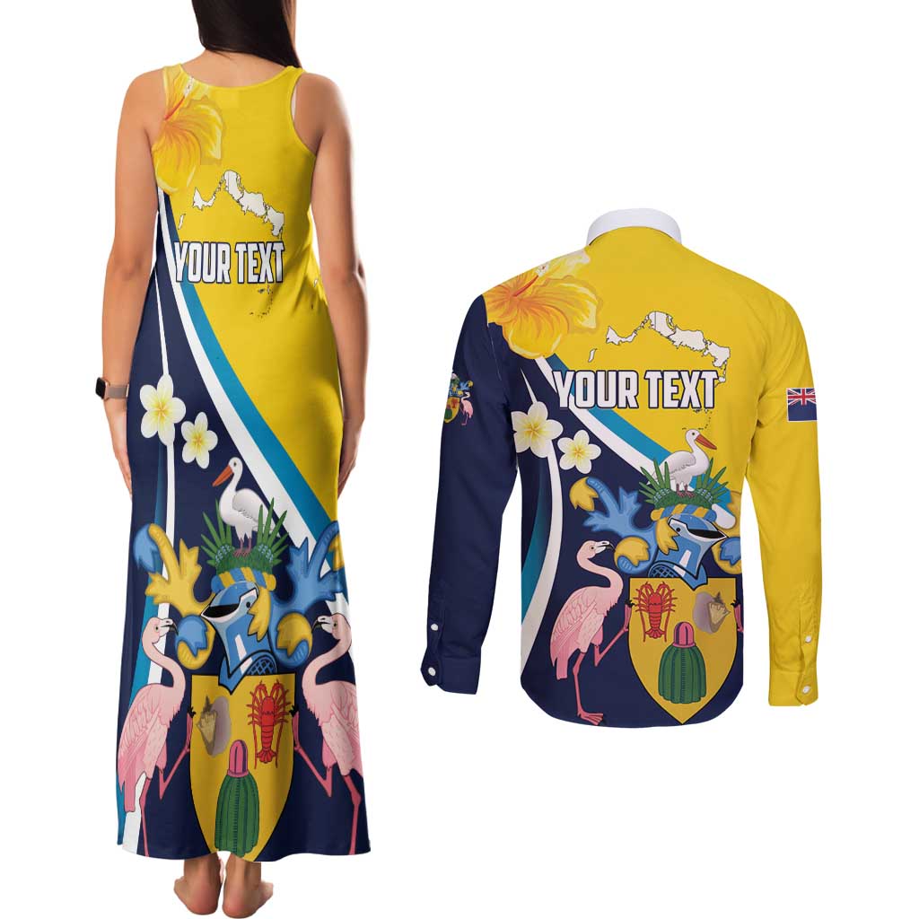 Personalised Turks and Caicos Islands Couples Matching Tank Maxi Dress and Long Sleeve Button Shirt Coat Of Arms Tropical Flowers