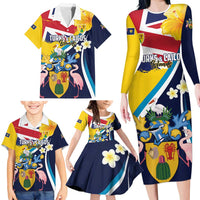 Personalised Turks and Caicos Islands Family Matching Long Sleeve Bodycon Dress and Hawaiian Shirt Coat Of Arms Tropical Flowers
