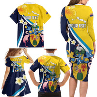 Personalised Turks and Caicos Islands Family Matching Long Sleeve Bodycon Dress and Hawaiian Shirt Coat Of Arms Tropical Flowers