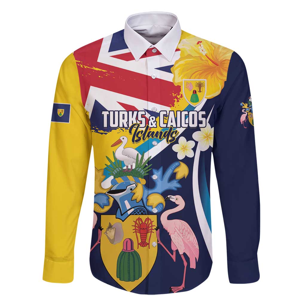 Personalised Turks and Caicos Islands Family Matching Long Sleeve Bodycon Dress and Hawaiian Shirt Coat Of Arms Tropical Flowers