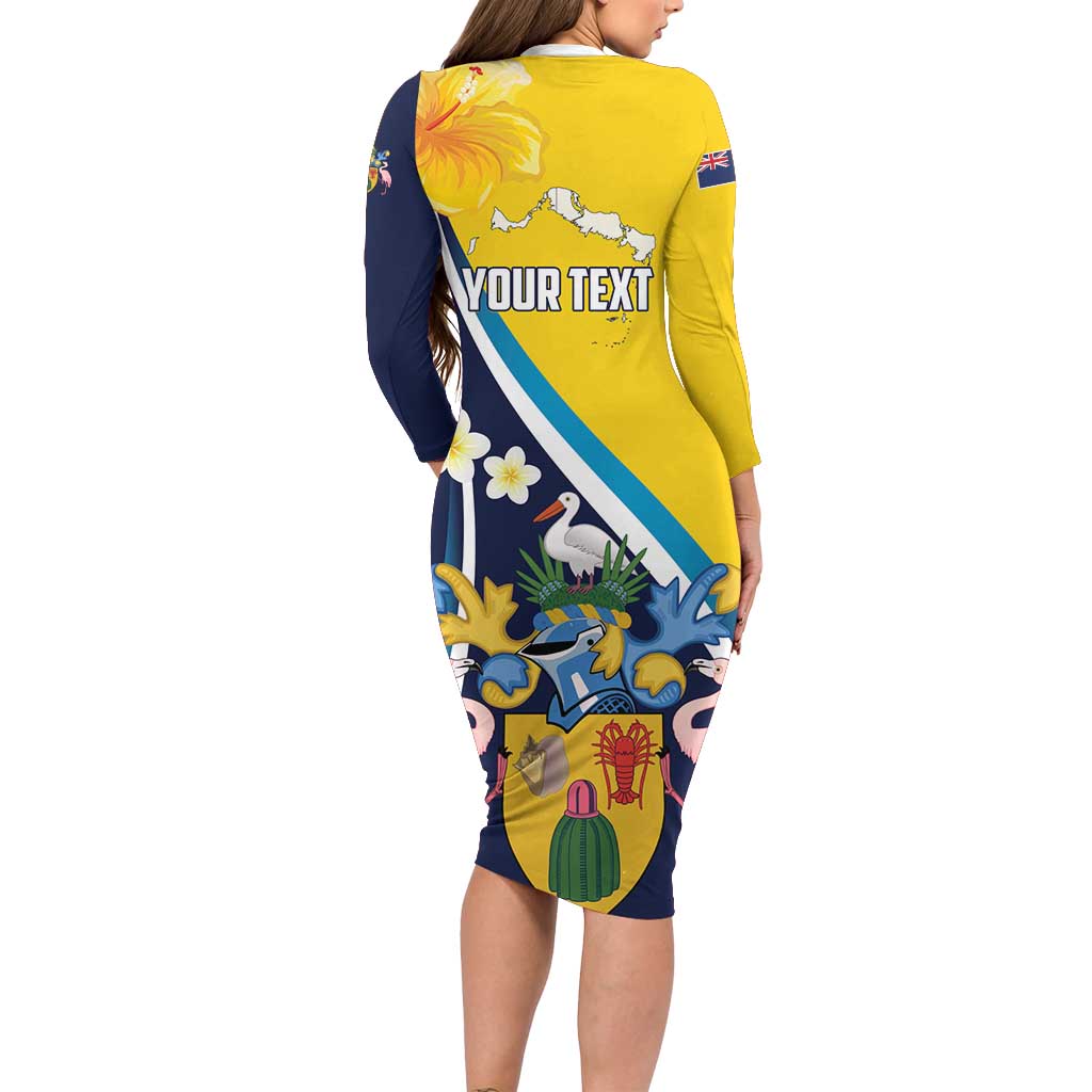 Personalised Turks and Caicos Islands Family Matching Long Sleeve Bodycon Dress and Hawaiian Shirt Coat Of Arms Tropical Flowers