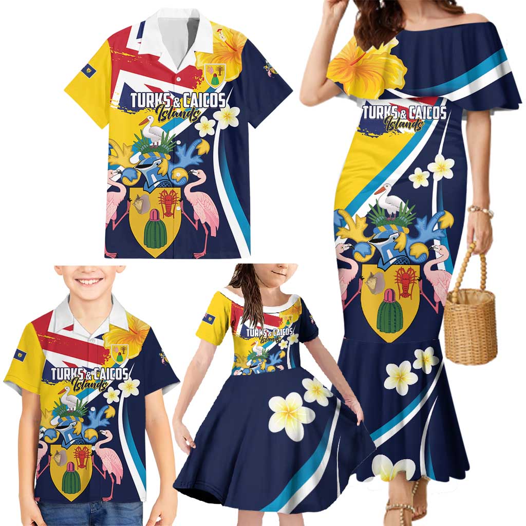 Personalised Turks and Caicos Islands Family Matching Mermaid Dress and Hawaiian Shirt Coat Of Arms Tropical Flowers