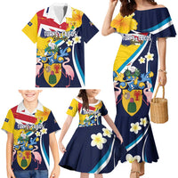 Personalised Turks and Caicos Islands Family Matching Mermaid Dress and Hawaiian Shirt Coat Of Arms Tropical Flowers
