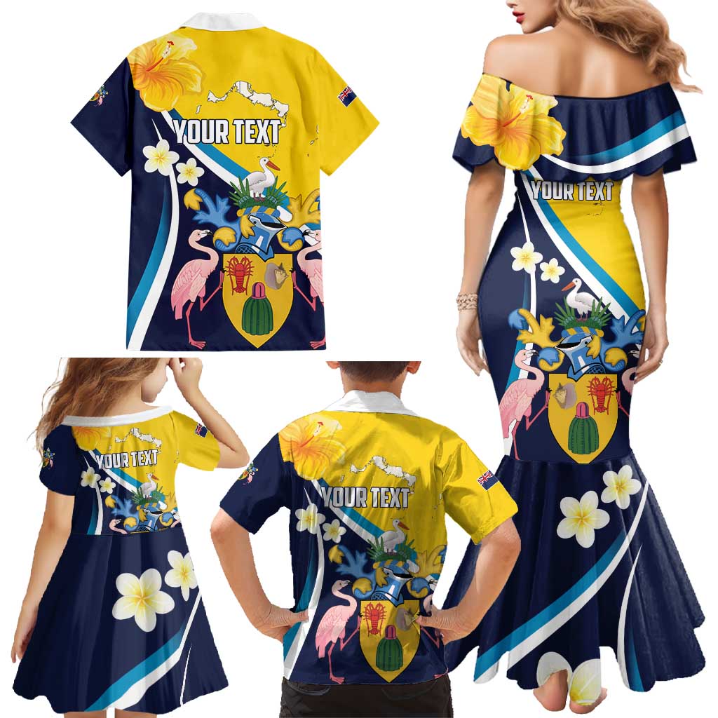 Personalised Turks and Caicos Islands Family Matching Mermaid Dress and Hawaiian Shirt Coat Of Arms Tropical Flowers
