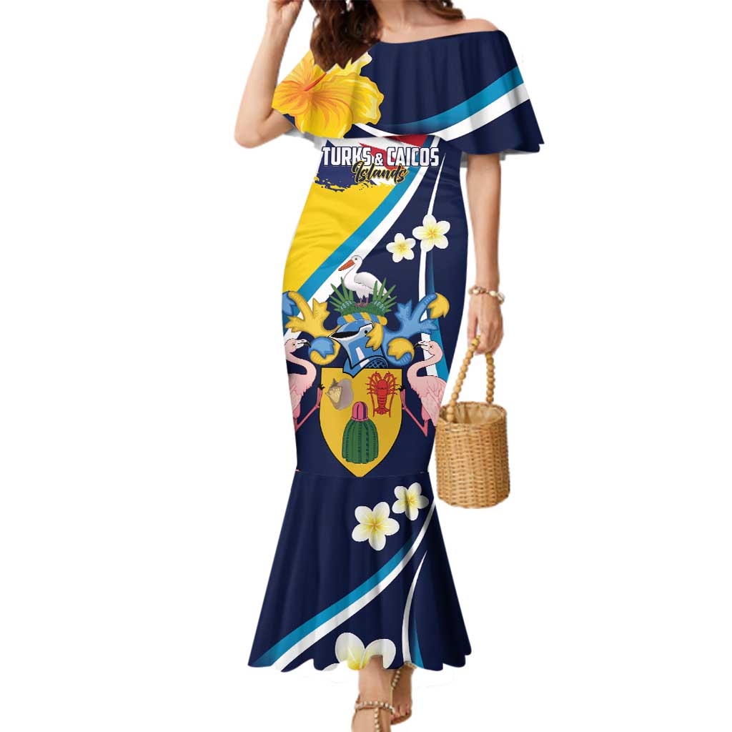 Personalised Turks and Caicos Islands Family Matching Mermaid Dress and Hawaiian Shirt Coat Of Arms Tropical Flowers