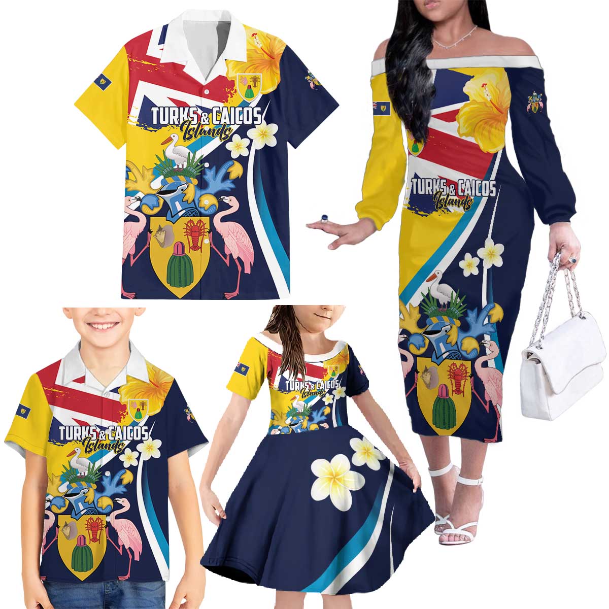 Personalised Turks and Caicos Islands Family Matching Off The Shoulder Long Sleeve Dress and Hawaiian Shirt Coat Of Arms Tropical Flowers