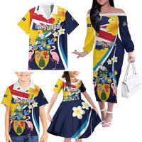 Personalised Turks and Caicos Islands Family Matching Off The Shoulder Long Sleeve Dress and Hawaiian Shirt Coat Of Arms Tropical Flowers