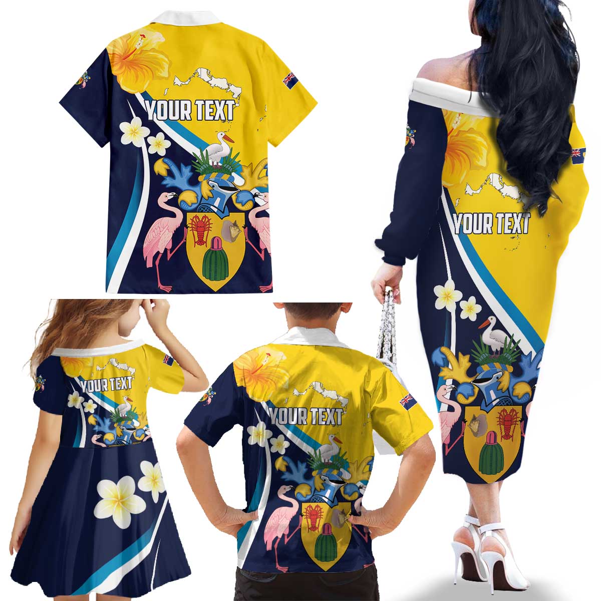 Personalised Turks and Caicos Islands Family Matching Off The Shoulder Long Sleeve Dress and Hawaiian Shirt Coat Of Arms Tropical Flowers