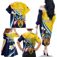 Personalised Turks and Caicos Islands Family Matching Off The Shoulder Long Sleeve Dress and Hawaiian Shirt Coat Of Arms Tropical Flowers