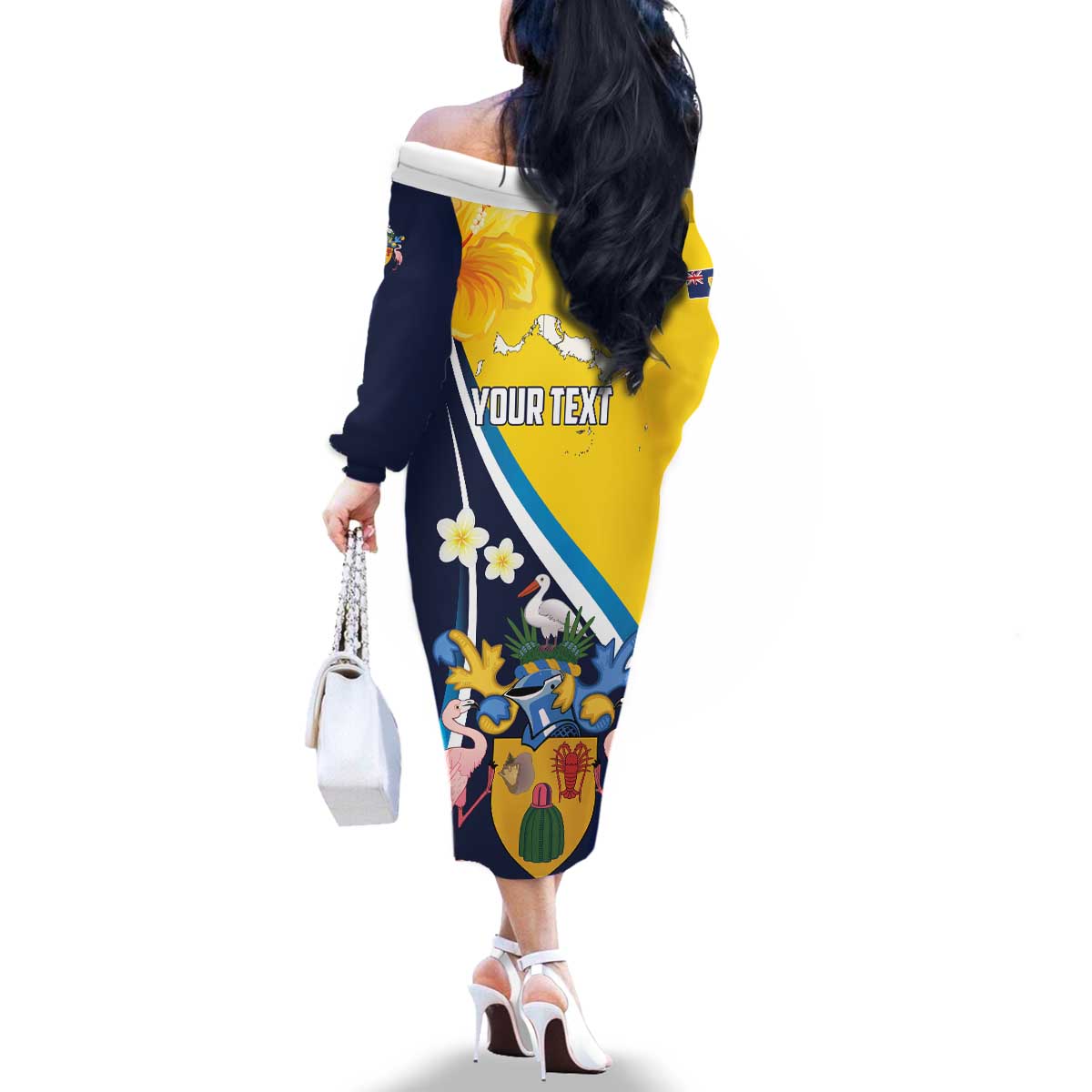 Personalised Turks and Caicos Islands Family Matching Off The Shoulder Long Sleeve Dress and Hawaiian Shirt Coat Of Arms Tropical Flowers