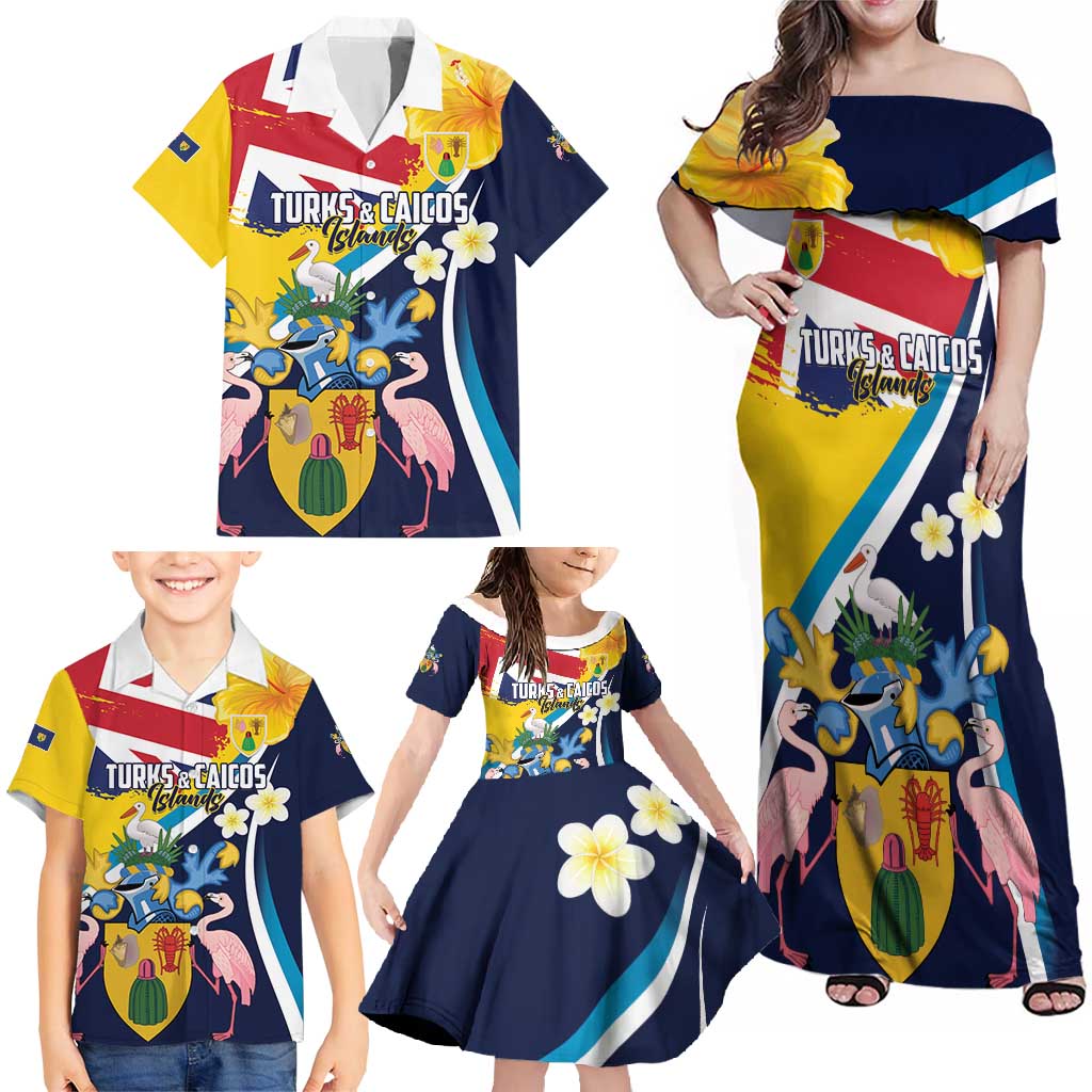 Personalised Turks and Caicos Islands Family Matching Off Shoulder Maxi Dress and Hawaiian Shirt Coat Of Arms Tropical Flowers
